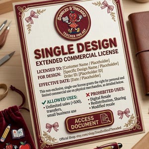 Puede incluir: Un documento rectangular titulado Single Design Extended Commercial License con borde granate y detalles dorados. Presenta un logotipo circular de un personaje de manzana, campos de texto para detalles del cliente y secciones de usos permitidos y prohibidos.