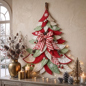 Puede incluir: Una decoración de pared de tela con forma de árbol de Navidad, compuesta por hojas acolchadas superpuestas en tonos rojo, verde y crema. El árbol presenta un gran lazo a rayas rojas y blancas en el centro, pequeños copos de nieve y bayas rojas.