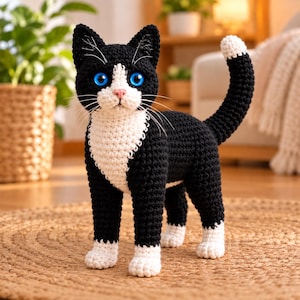 May include: A crocheted cat figurine featuring black and white yarn, bright blue eyes, a pink nose, and long white whiskers. The cat stands in a classic pose with its tail held high, showcasing detailed stitching throughout its body and paws.
