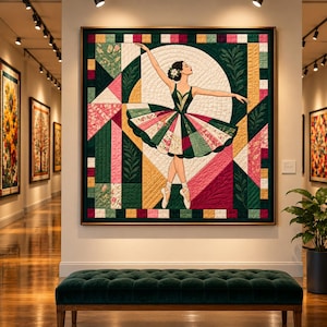 May include: A large square wall quilt featuring a central illustration of a ballerina in a multi-colored patchwork tutu. The background consists of geometric shapes in shades of dark green, pink, yellow, and white with floral patterns.
