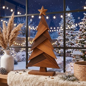 May include: A decorative wooden Christmas tree sculpture composed of layered, triangular planks in varying shades of brown wood, topped with a five-pointed star. The base is a rectangular wooden block with the text Christmas Wonders engraved on it.