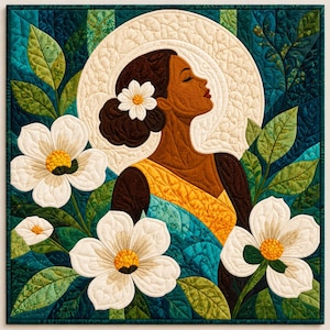 May include: A square fabric wall hanging featuring a quilted portrait of a person with dark skin and a white flower in their hair. The figure is surrounded by large white flowers with yellow centers and green leaves against a teal background.
