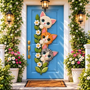 May include: A bright blue front door features a vertical decorative wall hanging of three stacked kittens in cream, orange, and gray, each with large blue eyes, surrounded by green fabric leaves and white daisy flowers.