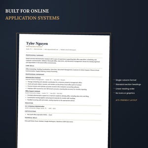 May include: A CV template titled BUILT FOR ONLINE APPLICATION SYSTEMS featuring a single-column layout for Tyler Nguyen. The document includes sections for professional summary, core skills, experience, education, and certifications.