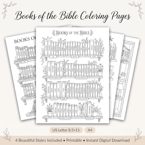 Könnte beinhalten: Ein Set aus vier schwarz-weißen, ausdruckbaren Ausmalbildern mit dem Titel Books of the Bible Coloring Pages. Jede Seite zeigt Strichzeichnungen von Bücherregalen, die mit Büchern gefüllt sind, welche die Namen der biblischen Bücher tragen.