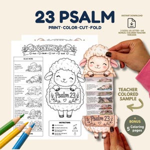 Op de afbeelding: Een printbare Psalm 23 knutselactiviteit met zwart-wit lijntekeningen van een schaap dat een bord vasthoudt. De set bevat instructies, een opvouwbare papieren strook in accordeonstijl met verzen en een ingekleurde voorbeeldversie voor docenten.