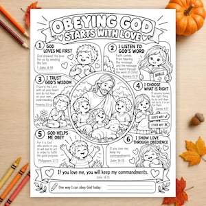 May include: A black and white coloring page titled Obeying God Starts With Love, featuring six numbered sections with illustrations of children, a central image of Jesus with children and a lamb, and Bible verses.