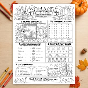May include: A black and white printable activity sheet titled God Gives The Ten Commandments featuring a maze, word search, matching game, counting exercises, and a list of the Ten Commandments with illustrations of Moses and stone tablets.