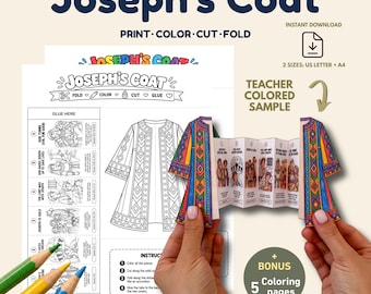 Könnte beinhalten: Eine druckbare Bastelaktivität mit dem Titel Joseph's Coat, die schwarz-weiße Strichzeichnungen zum Ausmalen, Ausschneiden und Falten enthält. Das Blatt umfasst Anleitungen, einen Mantelumriss und eine Abfolge von sechs biblischen Szenen.