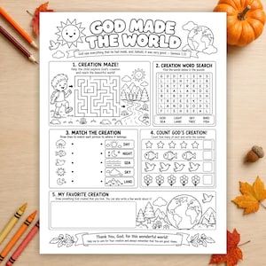 Può includere: Un foglio di attività in bianco e nero intitolato God Made The World con cinque sezioni tra cui un labirinto, un cruciverba, un gioco di abbinamento, un esercizio di conteggio e uno spazio per disegnare, decorato con illustrazioni naturali.