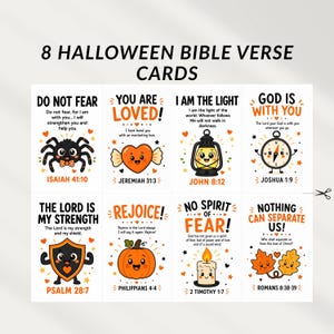 May include: Eight Halloween Bible verse cards featuring cartoon illustrations of a spider, heart, lantern, compass, shield, pumpkin, candle, and leaves. Each card includes religious text and scripture references in black and orange ink on white.