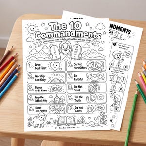 Peut inclure: Une page de coloriage imprimable en noir et blanc intitulée The 10 Commandments avec des illustrations d'une figure tenant des tablettes de pierre, un mouton, une Bible et dix sections numérotées avec du texte et des icônes.