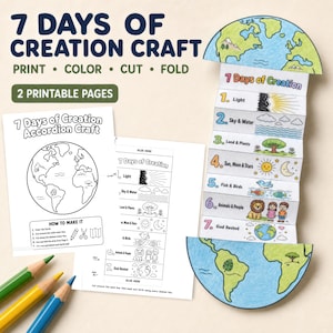 May include: A 7 Days of Creation accordion craft kit featuring two printable pages with instructions, a black and white Earth template, and a colored accordion strip depicting seven numbered stages of creation with illustrations.