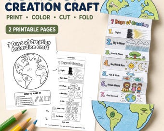 7 Days of Creation Accordion Craft, Bible Coloring Activity, Sunday School, VBS Printable
