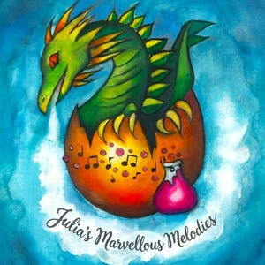 Può includere: Un'illustrazione colorata che mostra un drago verde che emerge da un uovo arancione brillante. L'uovo è decorato con note musicali nere e piccoli cerchi rossi. Una fiala di pozione rosa si trova accanto. In basso è scritto il testo Julia's Marvellous Melodies.