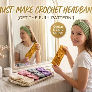 Può includere: Una collezione di sei fasce per capelli all'uncinetto in vari colori, tra cui verde salvia, giallo senape, crema, rosa, azzurro e viola. Ogni fascia presenta una trama a coste e un dettaglio floreale centrale. Il testo recita 6 MUST-MAKE CROCHET HEADBANDS! (GET THE FULL PATTERN!) e QUICK & EASY GUIDE.