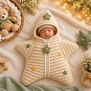 May include: A cream-colored crocheted star-shaped baby bunting with a hood, featuring a central zipper, small green and yellow crocheted star appliqués with wooden buttons, and a soft texture. The bunting is designed to wrap around an infant.