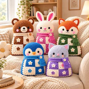 May include: Five handmade crochet plush toys shaped like animals including a brown bear, a white rabbit, an orange fox, a blue penguin, and a lavender cat. Each plush features a checkered body pattern with small white flower appliques and a scarf.