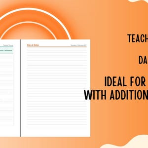 May include: A teacher planner 2026-2027 daily planner and diary with additional duties. The open planner displays a daily schedule page with numbered rows and a lined notes page. The background is orange with white circular graphic elements.