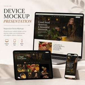 Op de afbeelding: Een digitale apparaat-mockup presentatie met een laptop, tablet en smartphone die een restaurantwebsite-ontwerp tonen. De scherminhoud bevat de tekst Ember & Sage, Good food deserves a beautiful moment en A closer look inside.