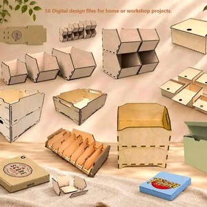 May include: A collection of 56 digital design files for home or workshop projects, featuring various laser-cut wooden storage boxes, bins, organisers, and flat-pack containers, including a pizza box design with the text Score Pizza.