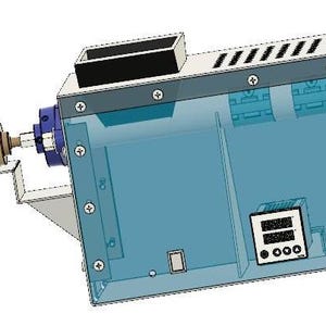 May include: A rectangular industrial device with a light-colored metal frame and a translucent blue side panel. It features a small beige cylindrical motor component on the left, a digital control display with buttons, and a top-mounted black rectangular port.