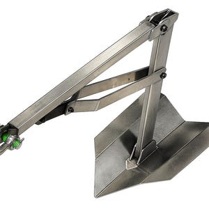 May include: A stainless steel boat anchor featuring a wide, flat fluke base and a hinged shank assembly. The mechanism includes a silver metal shackle at the end with bright green plastic spacers, connected by a series of articulated metal arms.