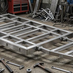 May include: A rectangular metal trailer frame constructed from steel tubing with a tapered front hitch assembly. The structure features a grid of cross-members and is supported by axle components underneath, showcasing a raw, unfinished metallic finish.
