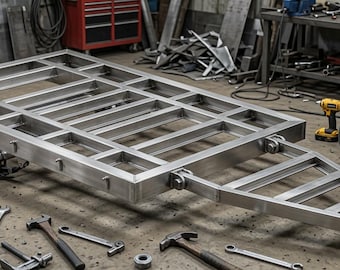 May include: A rectangular metal trailer frame constructed from steel tubing with a tapered front hitch assembly. The structure features a grid of cross-members and is supported by axle components underneath, showcasing a raw, unfinished metallic finish.