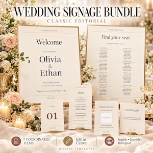 Può includere: Un set di segnaletica per matrimoni con cartello di benvenuto, tableau de mariage, menu, numero di tavolo e cartellini informativi. Design con caratteri serif neri su sfondo crema e cornici dorate, con i nomi Olivia ed Ethan.