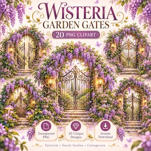 Può includere: Una collezione digitale di 20 immagini clipart PNG raffiguranti cancelli da giardino decorati drappeggiati con fiori di glicine viola. Il testo WISTERIA GARDEN GATES 20 PNG CLIPART è visualizzato in alto, con icone per Transparent PNG, 20 Unique Designs e Instant Download.