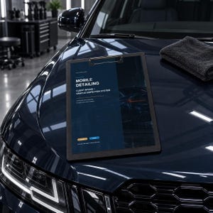 Può includere: Una cartellina nera con un documento intitolato Mobile Detailing Client Intake + Vehicle Inspection System appoggiata sul cofano di un'auto blu scuro accanto a un panno in microfibra grigio scuro piegato. Il documento presenta accenti blu e arancioni.