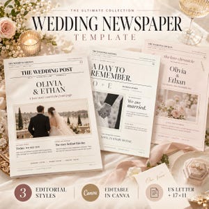 Può includere: Tre modelli di giornale di nozze intitolati The Wedding Post, A Day To Remember e The Love Chronicle. Ogni modello presenta testo nero, caratteri serif e segnaposto per foto, nomi come Olivia ed Ethan, e dettagli dell'evento.