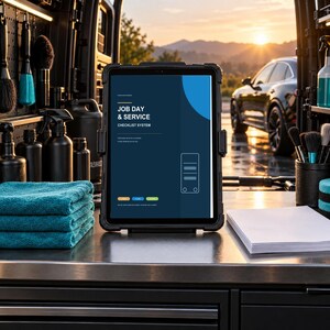 Può includere: Un tablet in una custodia protettiva nera che mostra una schermata con il testo JOB DAY & SERVICE CHECKLIST SYSTEM, posizionato su una superficie metallica accanto a una pila di asciugamani in microfibra blu, un blocco note e spazzole.