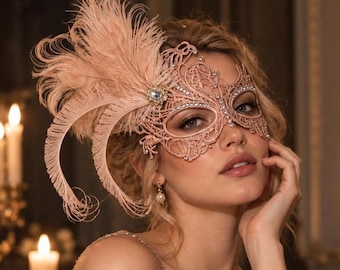 Handmade Detachable Feather Masquerade Mask, Rhinestone Venetian Lace Eye Mask,Elegant Wedding Prom Ball Mask, Gift for Her,Bridesmaid gifts