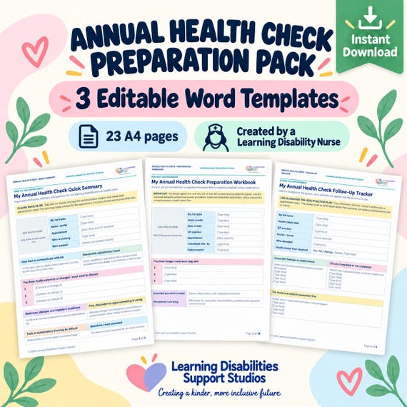 Learning Disability Annual Health Check Preparation Pack, Editable A4 Word Templates