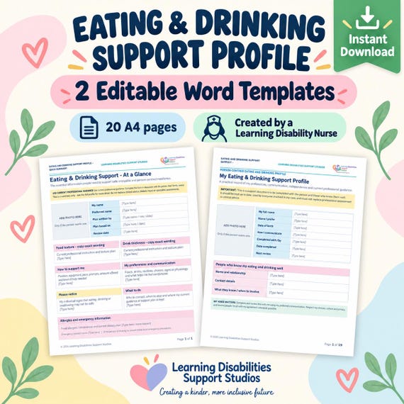 Eating and Drinking Support Profile, Learning Disability Editable A4 Word Templates