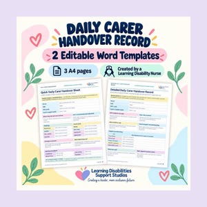 Daily Carer Handover Record | Learning Disability Support Log (Editable Word Template)