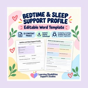 Profilo di supporto per il sonno e l'ora di andare a letto / Modello Word modificabile per bambini e ragazzi