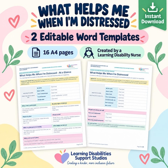 What Helps Me When I'm Distressed, Learning Disability Support Profile, Editable A4 Word Templates