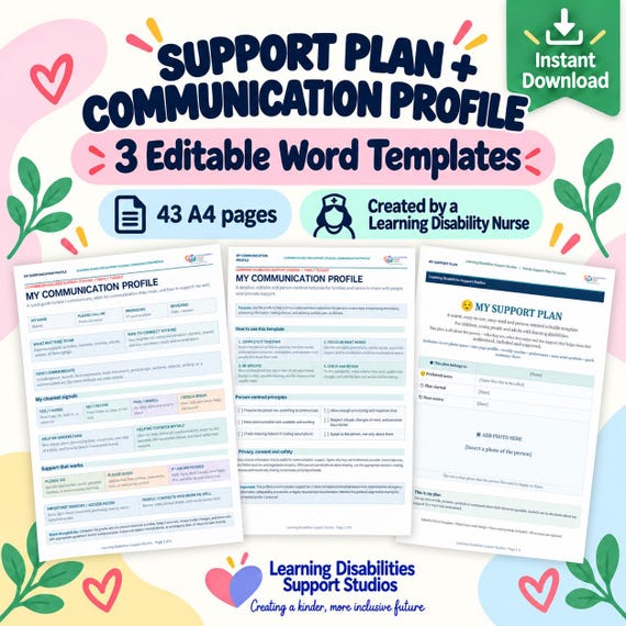 Learning Disability Support Plan and Communication Profile Bundle, Editable A4 Word Templates