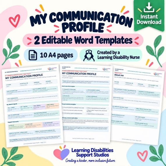 Learning Disability Communication Profile Templates, Person-Centred Editable A4 Word Bundle