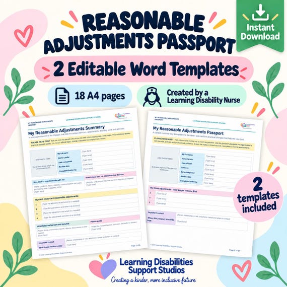 Reasonable Adjustments Passport Template | Editable A4 Word Forms for Learning Disabilities