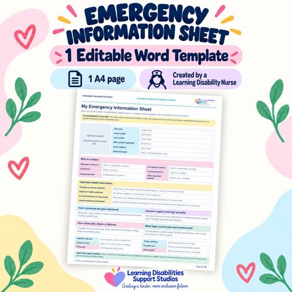 Emergency Information Sheet for Learning Disabilities, Editable A4 Word Template