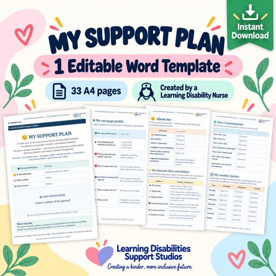 Learning Disability Support Plan Template, Editable Word Document, Person-Centred Care Plan and One-Page Profile
