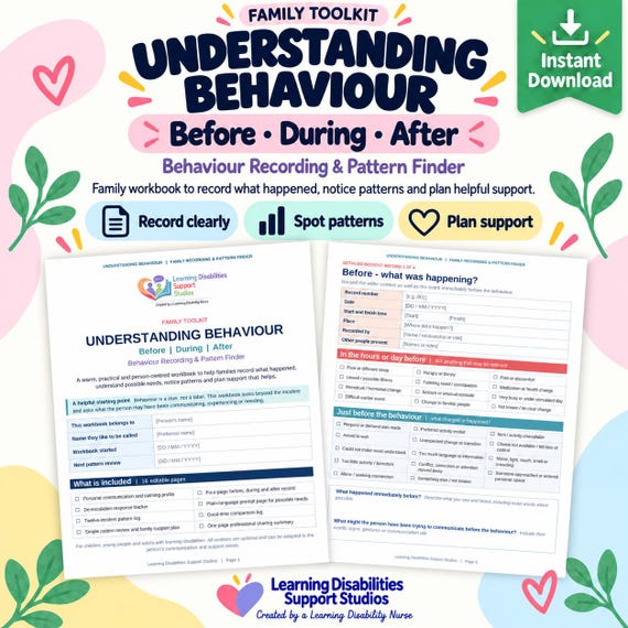 Learning Disability Behaviour Recording Workbook, Editable A4 Word Template, Before During After Pattern Finder