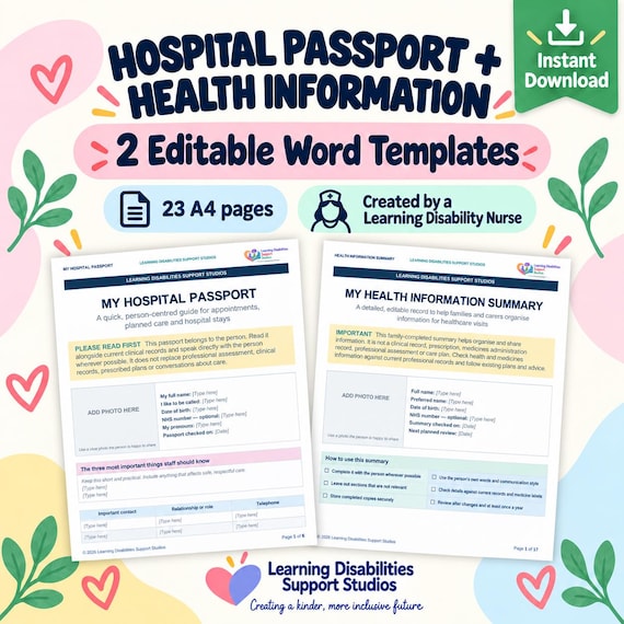 Learning Disability Hospital Passport and Health Information Template, Editable A4 Word Documents