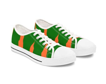Emerald Flame Women's Low Top Sneakers, Green and Orange Abstract Canvas Shoes