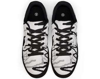 Men's Low Top Leather Sneakers, White Shoes with Black Line Art Print