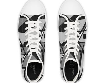 Urban Geometry Men's  High Top Sneakers, Black & White Abstract Art Shoes
